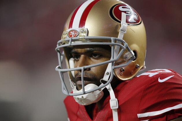 SANTA CLARA, CA - NOVEMBER 27:  Wide receiver Michael Crabtree #15 of the San Francisco 49ers warms up before a game against the Seattle Seahawks on November 27, 2014 at Levi's Stadium in Santa Clara, California.  The Seahawks won 19-3. (Photo by Brian Bahr/Getty Images)