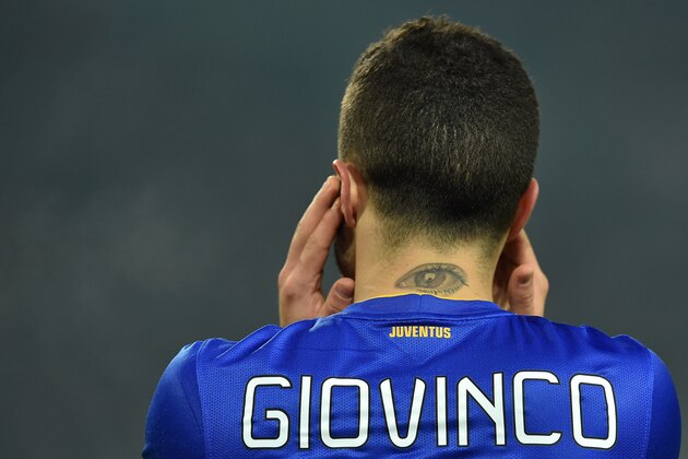 TURIN, ITALY - JANUARY 15:  A tattoo on the neck  of Sebastian Giovinco of Juventus FC during the TIM Cup match between Juventus FC and Hellas Verona FC at Juventus Arena on January 15, 2015 in Turin, Italy.  (Photo by Valerio Pennicino/Getty Images)
