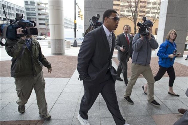 Carolina Panthers' defensive end Greg Hardy arrives at the Mecklenburg County Courthouse on the first day of his domestic violence appeal trial in Charlotte, N.C., Monday, Feb. 9, 2015. Hardy was convicted on two counts of domestic violence in a bench trial last summer and only played one game in 2014. (AP Photo/Chris Keane)