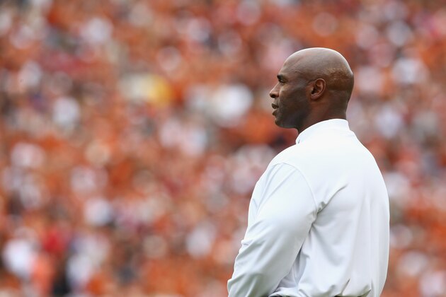 DALLAS, TX - OCTOBER 11:  Head coach Charlie Strong of the Texas Longhorns at Cotton Bowl on October 11, 2014 in Dallas, Texas.  (Photo by Ronald Martinez/Getty Images)