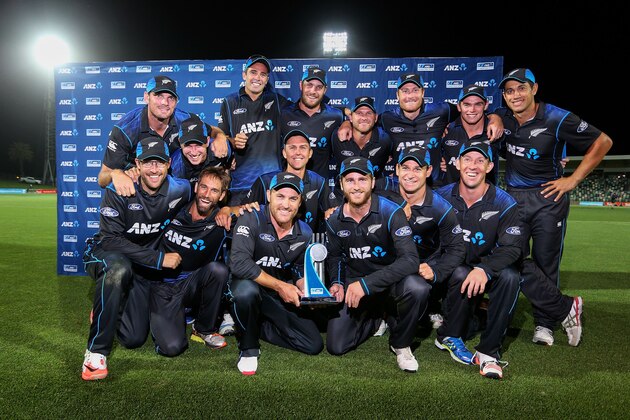 NAPIER, NEW ZEALAND - FEBRUARY 03:  Captain Brendon McCullum and Kane Williamson of New Zealand hold the ANZ Series trophy after winning the One Day International match between New Zealand and Pakistan at McLean Park on February 3, 2015 in Napier, New Zealand.  (Photo by Hagen Hopkins/Getty Images)