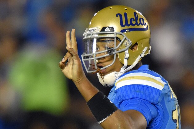 UCLA quarterback Brett Hundley gestures during the second half of an NCAA college football game against Southern California, Saturday, Nov. 22, 2014, in Pasadena, Calif. UCLA won 38-20. (AP Photo/Mark J. Terrill)