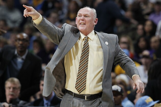 FILE - In this Feb. 25, 2013 file p[hoto, Denver Nuggets head coach George Karl directs his team against the Los Angeles Lakers in the fourth quarter of an NBA game in Denver. Karl is out as coach of the Nuggets. Team President Josh Kroenke confirmed in an email to The Associated Press on Thursday, June 6, 2013 that Karl's tenure was over just weeks after he was named the NBA's coach of the year. (AP Photo/David Zalubowski, File)