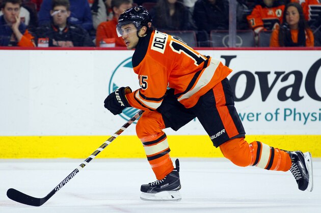 The Philadelphia Flyers' Michael Del Zottto skates in the first period of an NHL hockey game against Toronto Maple Leafs, Saturday, Jan. 31, 2015, in Philadelphia. The Flyers won 1-0.  (AP Photo/Tom Mihalek)