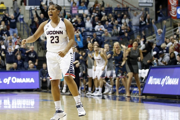 Feb 9, 2015; Storrs, CT, USA; Connecticut Huskies forward Kaleena Mosqueda-Lewis (23) reacts after a three point basket against the South Carolina Gamecocks in the first half at Harry A. Gampel Pavilion. Mandatory Credit: David Butler II-USA TODAY Sports