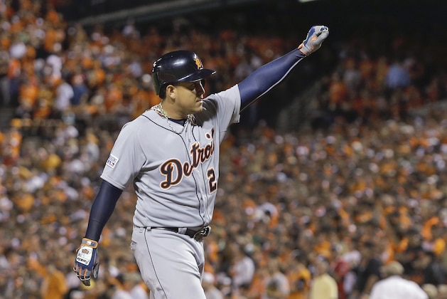 Detroit Tigers' Miguel Cabrera gestures after his solo home run in the eighth inning against the Baltimore Orioles during Game 1 of baseball's AL Division Series in Baltimore, Thursday, Oct. 2, 2014. (AP Photo/Patrick Semansky)