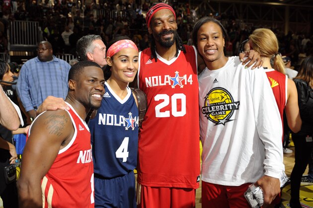 NEW ORLEANS, LA - FEBRUARY 14: Comedian Kevin Hart #1, Skylar Diggins #4 of the Tulsa Shock, Rapper Snoop Dogg #20 and Tamika Catchings #24 of the Indiana Fever pose for a photo during the Sprint NBA All-Star Celebrity Game at Sprint Arena as part of 2014 NBA All-Star Jam Session at the Ernest N. Morial Convention Center on February 14, 2014 in New Orleans, Louisiana. NOTE TO USER: User expressly acknowledges and agrees that, by downloading and/or using this photograph, user is consenting to the terms and conditions of the Getty Images License Agreement.  Mandatory Copyright Notice: Copyright 2014 NBAE (Photo by Juan O'Campo/NBAE via Getty Images)