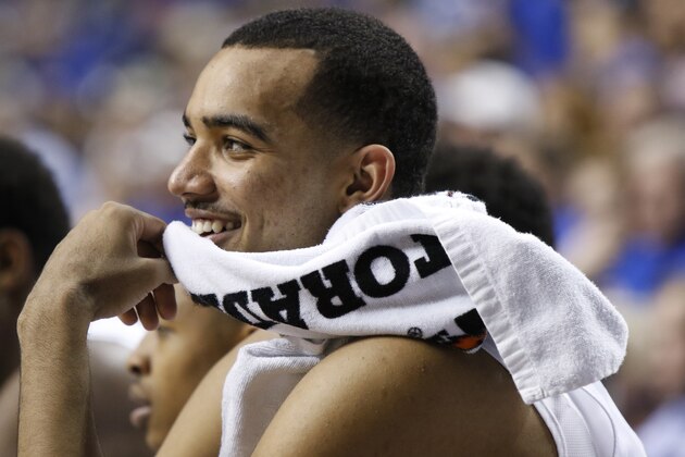 Kentucky's Trey Lyles watches the game against Montana State during the second half of an NCAA college basketball game, Sunday, Nov. 23, 2014, in Lexington, Ky. Kentucky won 86-28. (AP Photo/James Crisp)