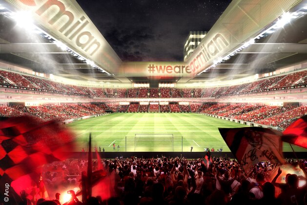 This computer generated rendition provided by Arup on Wednesday, Feb. 4, 2015, shows a proposed plan for a new AC Milan's stadium in Milan, Italy. AC Milan has unveiled tentative plans for a new 48,000-seat stadium with a retractable roof to open for the 2018-19 season. The club posted a video featuring a model of the two-tier arena to be built next to the club's recently opened headquarters in the Portell-Fiera area of the city. Costs will be 300 million to 320 million euros ($340 million to $365 million). Final approval is expected in March. (AP Photo/Arup, ho)