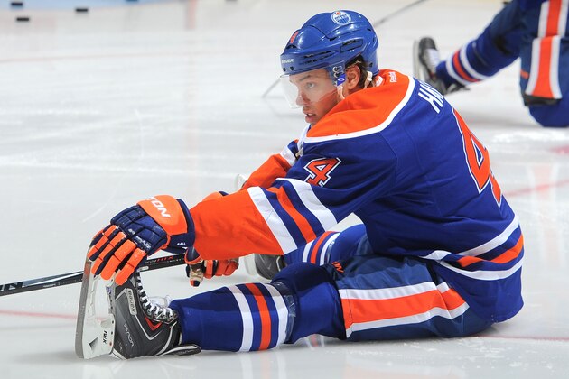 EDMONTON, AB - JANUARY 11: Taylor Hall #4 of the Edmonton Oilers warms up prior to the game against the Florida Panthers on January 11, 2015 at Rexall Place in Edmonton, Alberta, Canada. (Photo by Andy Devlin/NHLI via Getty Images)