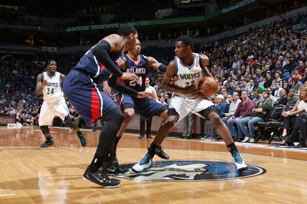 MINNEAPOLIS, MN -  FEBRUARY 9: Andrew Wiggins #22 of the Minnesota Timberwolves defends the ball against the Atlanta Hawks during the game on February 9, 2015 at Target Center in Minneapolis, Minnesota. NOTE TO USER: User expressly acknowledges and agrees that, by downloading and or using this Photograph, user is consenting to the terms and conditions of the Getty Images License Agreement. Mandatory Copyright Notice: Copyright 2015 NBAE (Photo by David Sherman/NBAE via Getty Images)