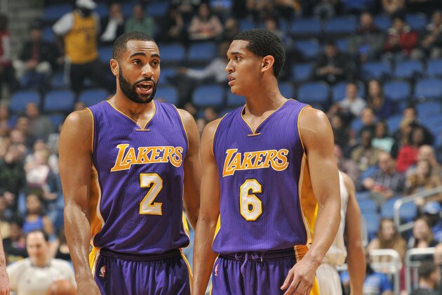 ORLANDO, FL -  FEBRUARY 6: Wayne Ellington #2 and Jordan Clarkson #6 of the Los Angeles Lakers during the game against the Orlando Magic on February 6, 2015 at Amway Center in Orlando, Florida . NOTE TO USER: User expressly acknowledges and agrees that, by downloading and or using this Photograph, user is consenting to the terms and conditions of the Getty Images License Agreement. Mandatory Copyright Notice: Copyright 2015 NBAE (Photo by Fernando Medina/NBAE via Getty Images)