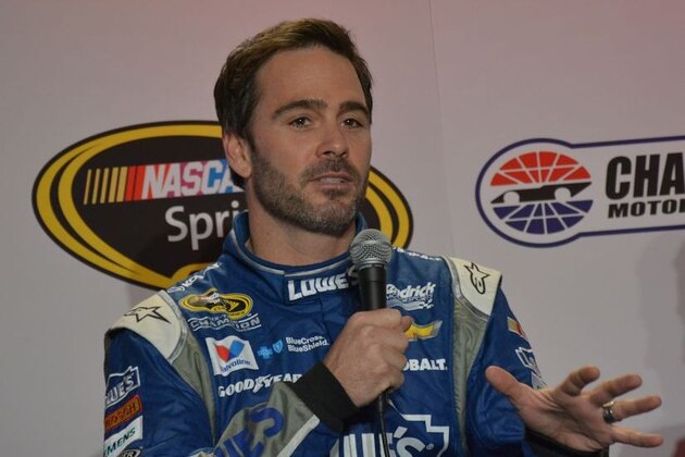 Jimmie Johnson answers media questions during the 2015 Charlotte Motor Speedway Media Tour.