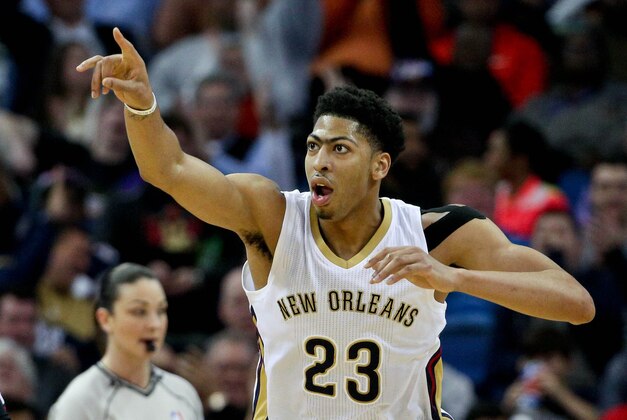 Feb 2, 2015; New Orleans, LA, USA; New Orleans Pelicans forward Anthony Davis (23) reacts after a basket against the Atlanta Hawks during the third quarter of a game at the Smoothie King Center. The Pelicans defeated the Hawks 115-100. Mandatory Credit: Derick E. Hingle-USA TODAY Sports