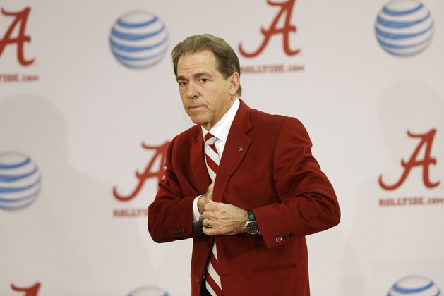 Alabama head coach Nick Saban speaks to the media during an NCAA college football national signing day press conference, Wednesday, Feb. 4, 2015, in Tuscaloosa, Ala.(AP Photo/Brynn Anderson)