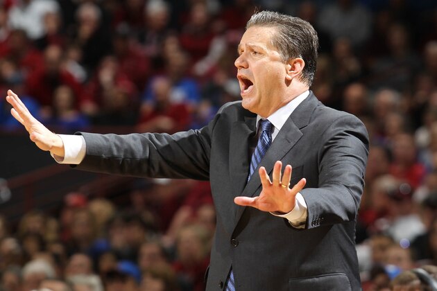 Kentucky head men's basketball coach John Calipari yells instruction to his team against in the second half half of an NCAA college basketball game against South Carolina, Saturday, Jan. 24, 2015, at the Colonial Life Arena in Columbia, S.C. (AP Photo/Willis Glassgow)