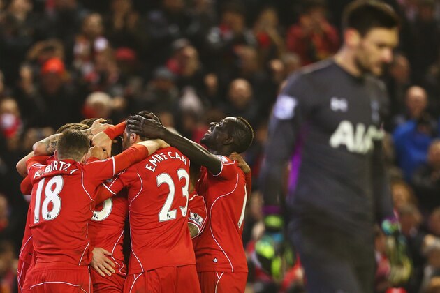 LIVERPOOL, ENGLAND - FEBRUARY 10: Liverpool players celebrate the goal scored by Mario Balotelli during the Barclays Premier League match between Liverpool and Tottenham Hotspur at Anfield on February 10, 2015 in Liverpool, England.  (Photo by Clive Brunskill/Getty Images)