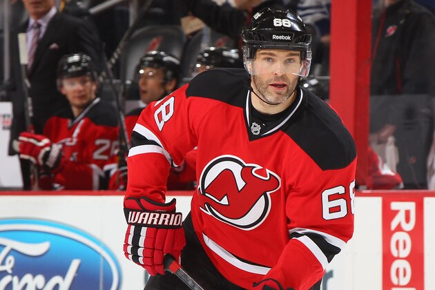 NEWARK, NJ - FEBRUARY 06: Jaromir Jagr #68 of the New Jersey Devils skates against the Toronto Maple Leafs during the game against the at the Prudential Center on February 6, 2015 in Newark, New Jersey. (Photo by Andy Marlin/NHLI via Getty Images)