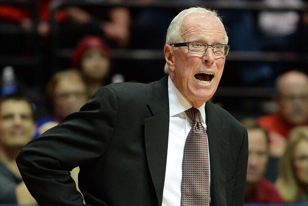 Jan 27, 2015; San Diego, CA, USA; San Diego State Aztecs head coach Steve Fisher yells during the first half against the Fresno State Bulldogs at Viejas Arena at Aztec Bowl. Mandatory Credit: Jake Roth-USA TODAY Sports