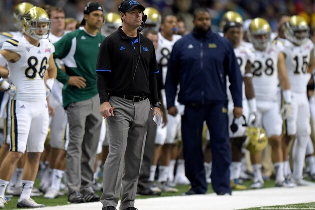 Jan 2, 2015; San Antonio, TX, USA; UCLA Bruins coach Jim Mora watches on the sidelines against the Kansas State Wildcats in the 2015 Alamo Bowl at Alamodome.  UCLA defeated Kansas State 40-35. Mandatory Credit: Kirby Lee-USA TODAY Sports