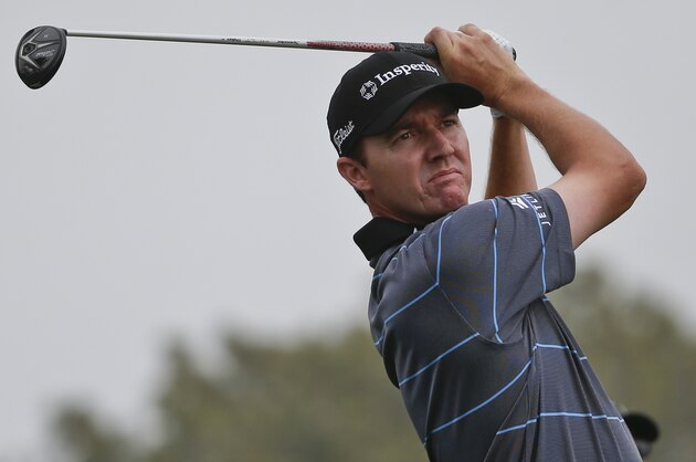 Jimmy Walker watches his tee shot on the second hole of the south course at Torrey Pines during the final round of the Farmers Insurance Open golf tournament Sunday, Feb. 8, 2015, in San Diego. (AP Photo/Lenny Ignelzi)