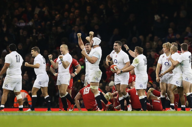 CARDIFF, WALES - FEBRUARY 06:  England players celebrate victory at the final whistle during the RBS Six Nations match between Wales and England at the Millennium Stadium on February 6, 2015 in Cardiff, Wales.  (Photo by Clive Mason/Getty Images)