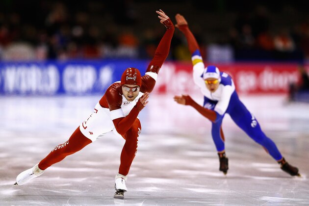 HEERENVEEN, NETHERLANDS - DECEMBER 14:  Laurent Dubreuil of Canada competes in the Division A 2nd 500m Mens race on day three of the ISU World Cup Speed Skating held at Thialf Ice Arena on December 14, 2014 in Heerenveen, Netherlands.  (Photo by Dean Mouhtaropoulos/Getty Images)