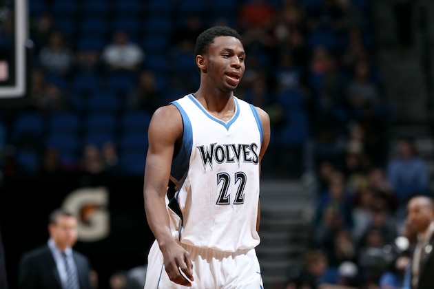 MINNEAPOLIS, MN - FEBRUARY 6: Andrew Wiggins #22 of the Minnesota Timberwolves stands on the court during a game against the Memphis Grizzlies on February 6, 2015 at Target Center in Minneapolis, Minnesota. NOTE TO USER: User expressly acknowledges and agrees that, by downloading and or using this Photograph, user is consenting to the terms and conditions of the Getty Images License Agreement. Mandatory Copyright Notice: Copyright 2015 NBAE (Photo by David Sherman/NBAE via Getty Images)