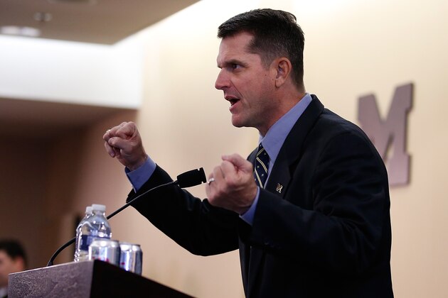 ANN ARBOR, MI - DECEMBER 30:  Jim Harbaugh speaks as he is introduced as the new Head Coach of the University of Michigan football team at the Junge Family Champions Center on December 30, 2014 in Ann Arbor, Michigan.  (Photo by Gregory Shamus/Getty Images)
