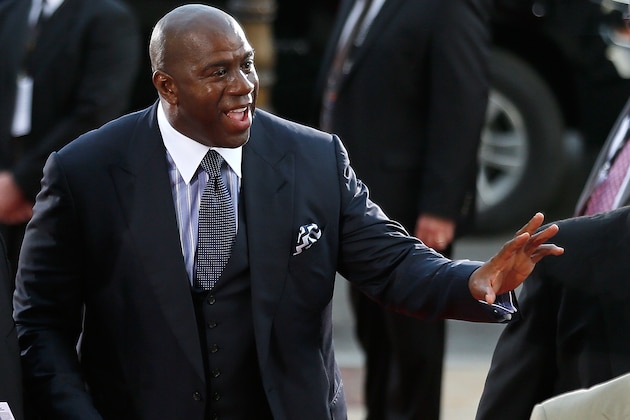 SPRINGFIELD, MA - AUGUST 8: Magic Johnson  arrives for the 2014 Basketball Hall of Fame Enshrinement Ceremonyat Symphony Hall on August 8, 2014 in Springfield, Massachusetts. (Photo by Jim Rogash/Getty Images)