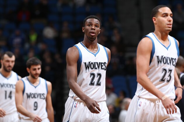 MINNEAPOLIS, MN -  FEBRUARY 9: Andrew Wiggins #22 of the Minnesota Timberwolves during the game against the Atlanta Hawks on February 9, 2015 at Target Center in Minneapolis, Minnesota. NOTE TO USER: User expressly acknowledges and agrees that, by downloading and or using this Photograph, user is consenting to the terms and conditions of the Getty Images License Agreement. Mandatory Copyright Notice: Copyright 2015 NBAE (Photo by David Sherman/NBAE via Getty Images)