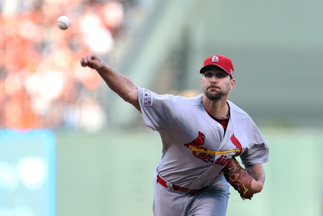 St. Louis Cardinals starting pitcher Adam Wainwright throws during the first inning of Game 5 of the National League baseball championship series against the San Francisco Giants Thursday, Oct. 16, 2014, in San Francisco. (AP Photo/Christian Petersen, Pool)