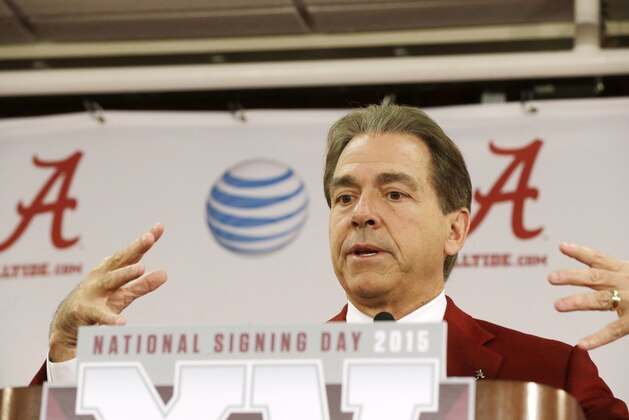 Alabama head coach Nick Saban speaks to the media during an NCAA college football national signing day press conference, Wednesday, Feb. 4, 2015, in Tuscaloosa, Ala.(AP Photo/Brynn Anderson)