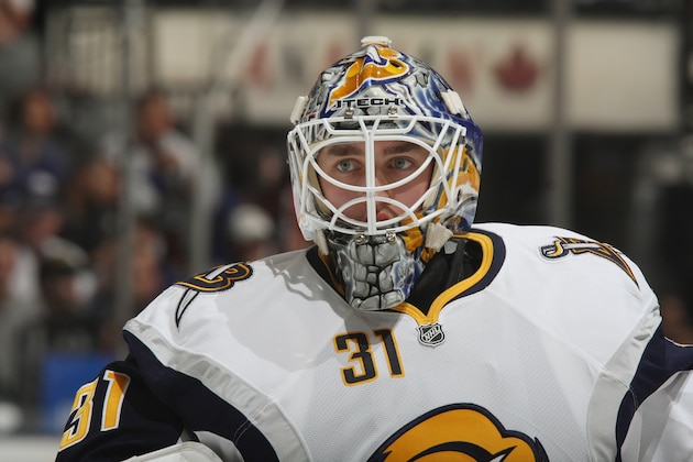 TORONTO - SEPTEMBER 22:  Goaltender Jonas Enroth #31 of the Buffalo Sabres looks on against the Toronto Maple Leafs during their pre season NHL game at the Air Canada Centre on September 26, 2008 in Toronto, Ontario, Canada. (Photo By Dave Sandford/Getty Images)