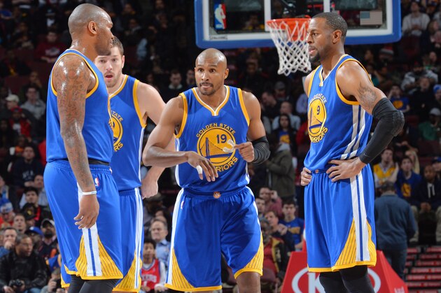 PHILADELPHIA, PA - FEBRUARY 9:  Members of the Golden State Warriors gather during a break in play against the Philadelphia 76ers at Wells Fargo Center on February 9, 2015 in Philadelphia, Pennsylvania NOTE TO USER: User expressly acknowledges and agrees that, by downloading and/or using this Photograph, user is consenting to the terms and conditions of the Getty Images License Agreement. Mandatory Copyright Notice: Copyright 2015 NBAE (Photo by Jesse D. Garrabrant/NBAE via Getty Images)