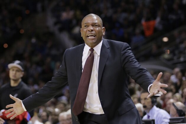 Los Angeles Clippers head coach Doc Rivers argues a call during the first half of an NBA basketball game against the San Antonio Spurs, Saturday, Jan. 31, 2015, in San Antonio. (AP Photo/Eric Gay)