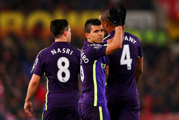 STOKE ON TRENT, ENGLAND - FEBRUARY 11:  Sergio Aguero of Manchester City celebrates after scoring his team's third goal from the penalty spot during the Barclays Premier League match between Stoke City and Manchester City at Britannia Stadium on February 11, 2015 in Stoke on Trent, England.  (Photo by Alex Livesey/Getty Images)