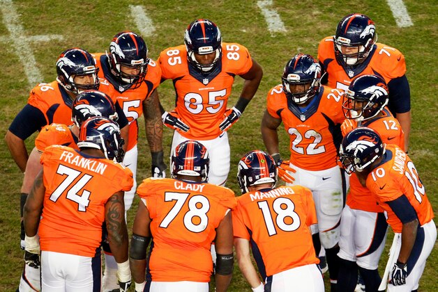 Dec 7, 2014; Denver, CO, USA; Denver Broncos quarterback Peyton Manning (18) huddles with offensive tackle Ryan Clady (78) offensive guard Orlando Franklin (74) tight end Virgil Green (85) running back C.J. Anderson (22) and teammates in the fourth quarter against the Buffalo Bills. The Broncos defeated the Bills 24-17. Mandatory Credit: Isaiah J. Downing-USA TODAY Sports