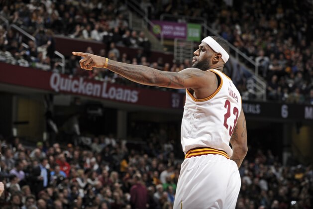 CLEVELAND, OH - FEBRUARY 11:  LeBron James #23 of the Cleveland Cavaliers during the game against the Miami Heat on February 11, 2015 at Quicken Loans Arena in Cleveland, Ohio. NOTE TO USER: User expressly acknowledges and agrees that, by downloading and/or using this Photograph, user is consenting to the terms and conditions of the Getty Images License Agreement. Mandatory Copyright Notice: Copyright 2015 NBAE (Photo by David Liam Kyle/NBAE via Getty Images)