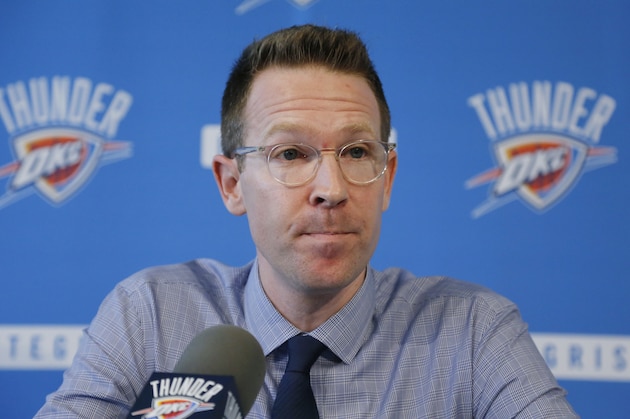 Sam Presti, general manager of the NBA's Oklahoma City Thunder basketball team, answers questions during a news conference in Oklahoma City, Wednesday, Sept. 25, 2013. (AP Photo/Sue Ogrocki)
