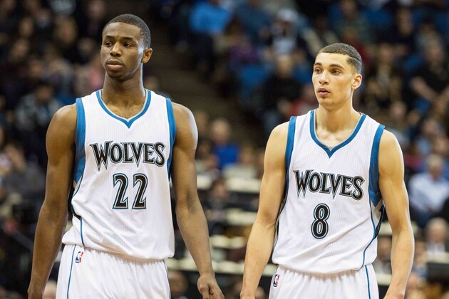 Nov 26, 2014; Minneapolis, MN, USA; Minnesota Timberwolves guard Andrew Wiggins (22) and guard Zach LaVine (8) against the Milwaukee Bucks at Target Center. The Bucks defeated the Timberwolves 103-86. Mandatory Credit: Brace Hemmelgarn-USA TODAY Sports
