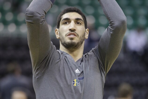 Utah Jazz center Enes Kanter shoots during practice before the start of their NBA basketball game against the Memphis Grizzlies Wednesday, Feb. 4, 2015, in Salt Lake City. (AP Photo/Rick Bowmer)