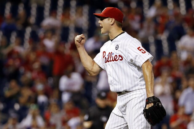 Philadelphia Phillies relief pitcher Jonathan Papelbon reacts after getting San Diego Padres' Tommy Medica to ground out in the ninth inning to end a baseball game, Tuesday, June 10, 2014, in Philadelphia. Philadelphia won 5-2. (AP Photo/Matt Slocum)