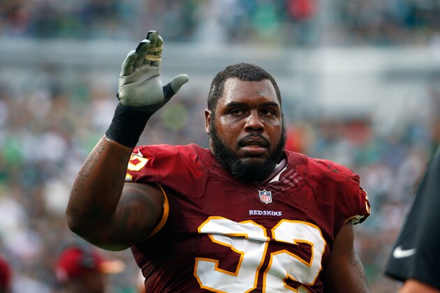 Washington Redskins' Chris Baker walks off the field after being disqualified during the second half of an NFL football game against the Philadelphia Eagles, Sunday, Sept. 21, 2014, in Philadelphia. (AP Photo/Matt Rourke)