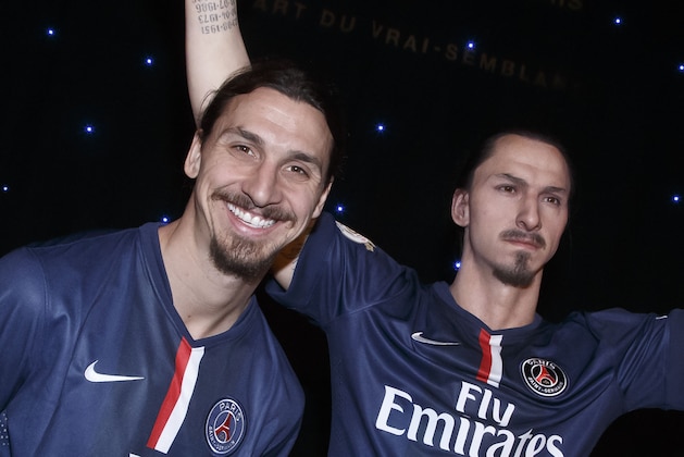 Paris Saint Germain's soccer player Swedish forward Zlatan Ibrahimovic, left, poses next to his life-sized wax model during a media presentation at the Grevin Museum in Paris, Monday, Feb. 9, 2015. The museum was founded in 1882 and is one of the oldest wax museums in Europe. (AP Photo/Michel Euler)