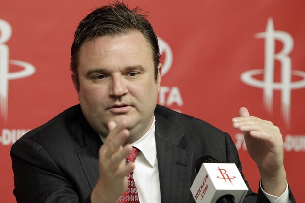 FILE- In this April 19, 2011, file photo, Houston Rockets general manager Daryl Morey discusses the direction of the team with the media during a basketball news conference in Houston, after the decision to part ways with head coach Rick Adelman. (AP Photo/Pat Sullivan, File)