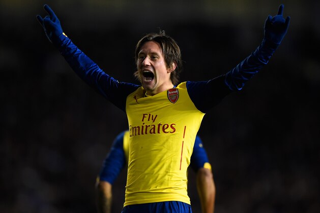 BRIGHTON, ENGLAND - JANUARY 25:  Tomas Rosicky of Arsenal celebrates after scoring his team's third goal during the FA Cup Fourth Round match between Brighton & Hove Albion and Arsenal at Amex Stadium on January 25, 2015 in Brighton, England.  (Photo by Mike Hewitt/Getty Images)
