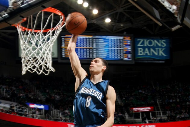 SALT LAKE CITY, UT - DECEMBER 30: Zach LaVine #8 of the Minnesota Timberwolves dunks against the Utah Jazz at EnergySolutions Arena on December 30, 2014 in Salt Lake City, Utah. NOTE TO USER: User expressly acknowledges and agrees that, by downloading and or using this Photograph, User is consenting to the terms and conditions of the Getty Images License Agreement. Mandatory Copyright Notice: Copyright 2014 NBAE (Photo by Melissa Majchrzak/NBAE via Getty Images)