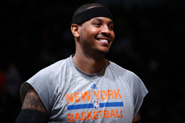 NEW YORK, NY - FEBRUARY 6:  Carmelo Anthony #7 of the New York Knicks warms up before the start of the second half against the Brooklyn Nets on February 6, 2015 at the Barclays Center in the Brooklyn borough of New York City. NOTE TO USER: User expressly acknowledges and agrees that, by downloading and or using this Photograph, user is consenting to the terms and conditions of the Getty Images License Agreement. Mandatory Copyright Notice: Copyright 2015 NBAE (Photo by Nathaniel S. Butler/NBAE via Getty Images)