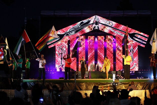 CHRISTCHURCH, NEW ZEALAND - FEBRUARY 12:  Flagbearers during the Opening Ceremony ahead of the ICC 2015 Cricket World Cup at Hagley Park on February 12, 2015 in Christchurch, New Zealand.  (Photo by Martin Hunter/Getty Images)